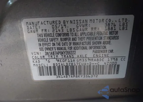 2019 Nissan Sentra Sv from USA, damaged, VIN 3N1AB7AP8KY356372